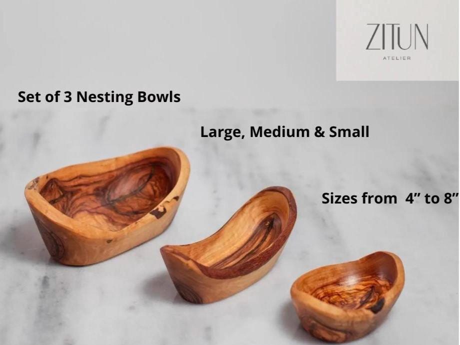 Set of 3 Olive Wood Nesting Boat Bowls – Handmade Rustic Canoe – Shaped Serving Dish – Natural Wood Serving Tray – Artisan Tableware Gift