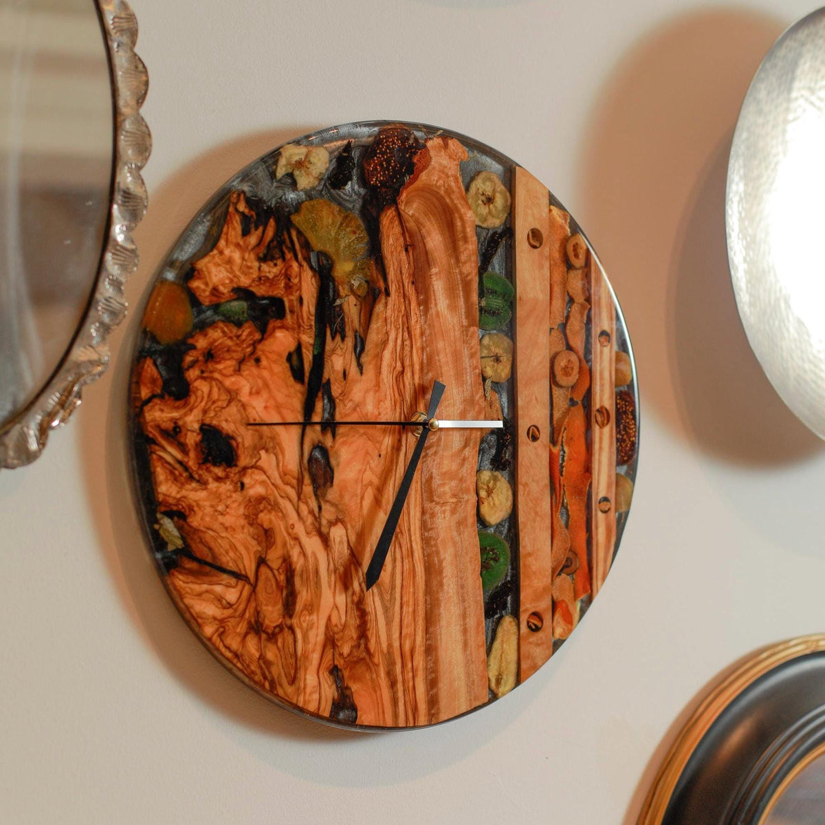 Acrylic Wall Clock – Koa Wood Grain & Epoxy – Handmade Modern Clock – Minimalist Natural Wall Art – Silent Non-Ticking Decor