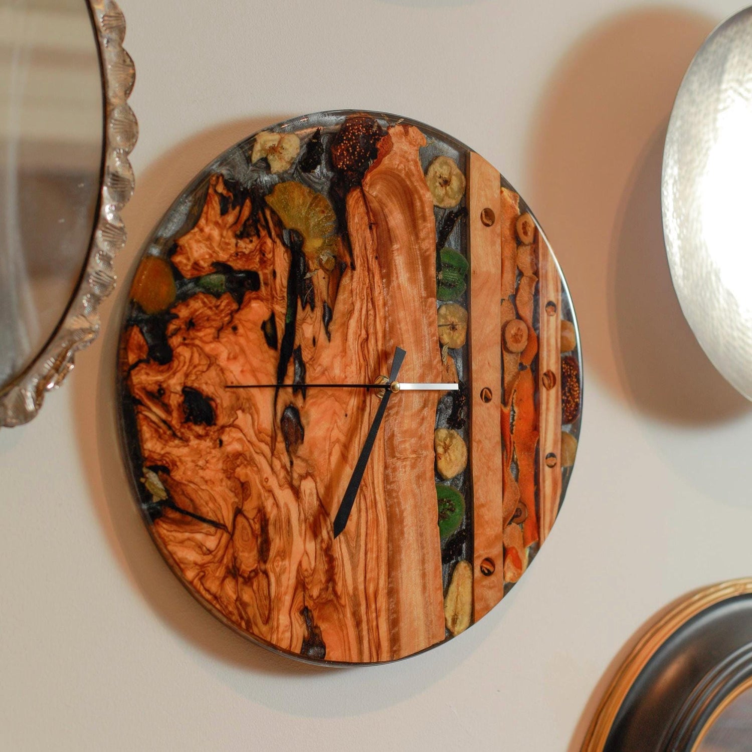 Acrylic Wall Clock – Koa Wood Grain & Epoxy – Handmade Modern Clock – Minimalist Natural Wall Art – Silent Non-Ticking Decor