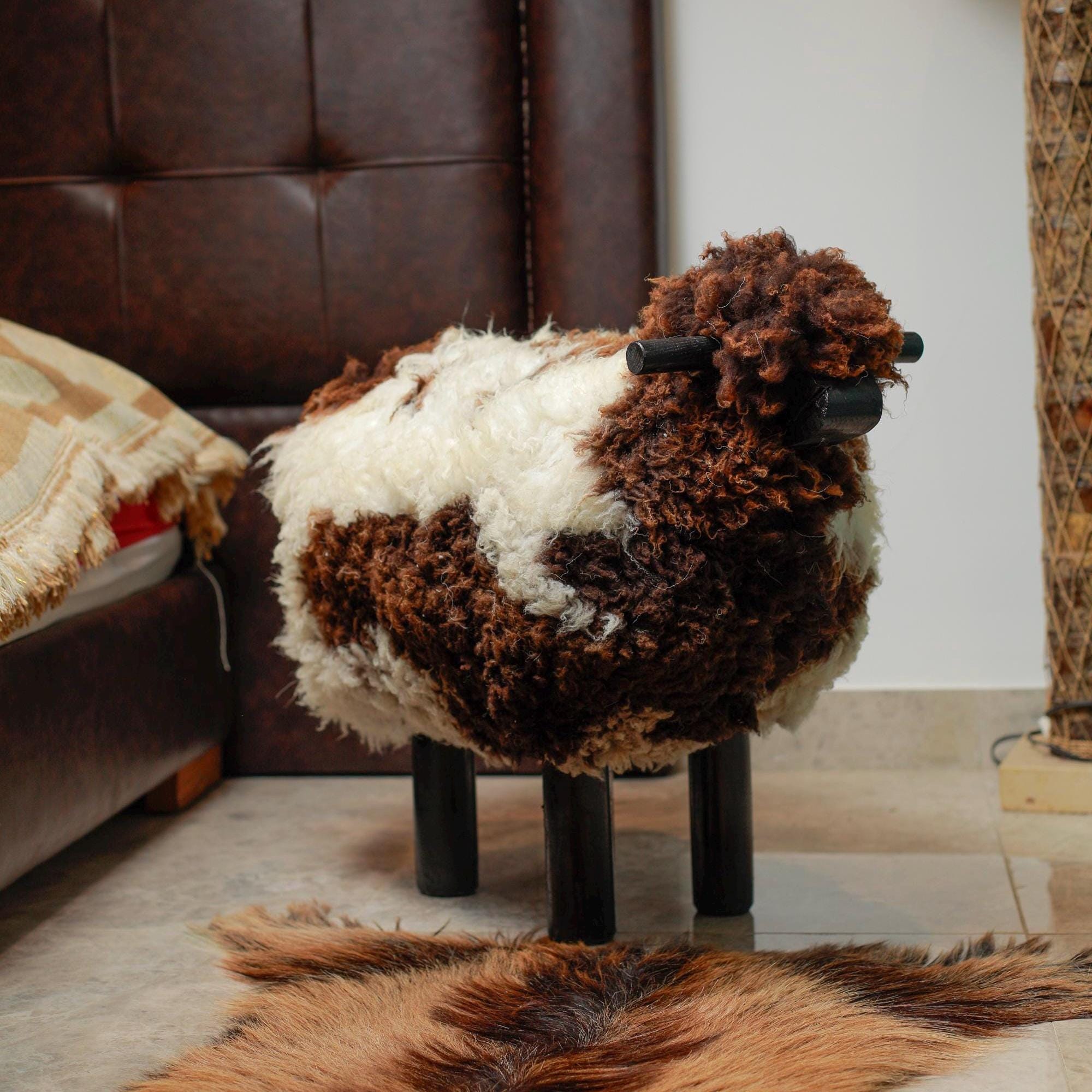 Handmade Sheep Stool: Wooden & Sheepskin Decorative Chair
