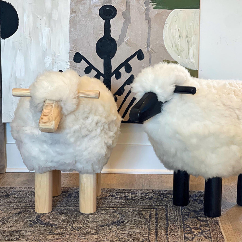 Handmade Sheep Stool: Wooden & Sheepskin Decorative Chair