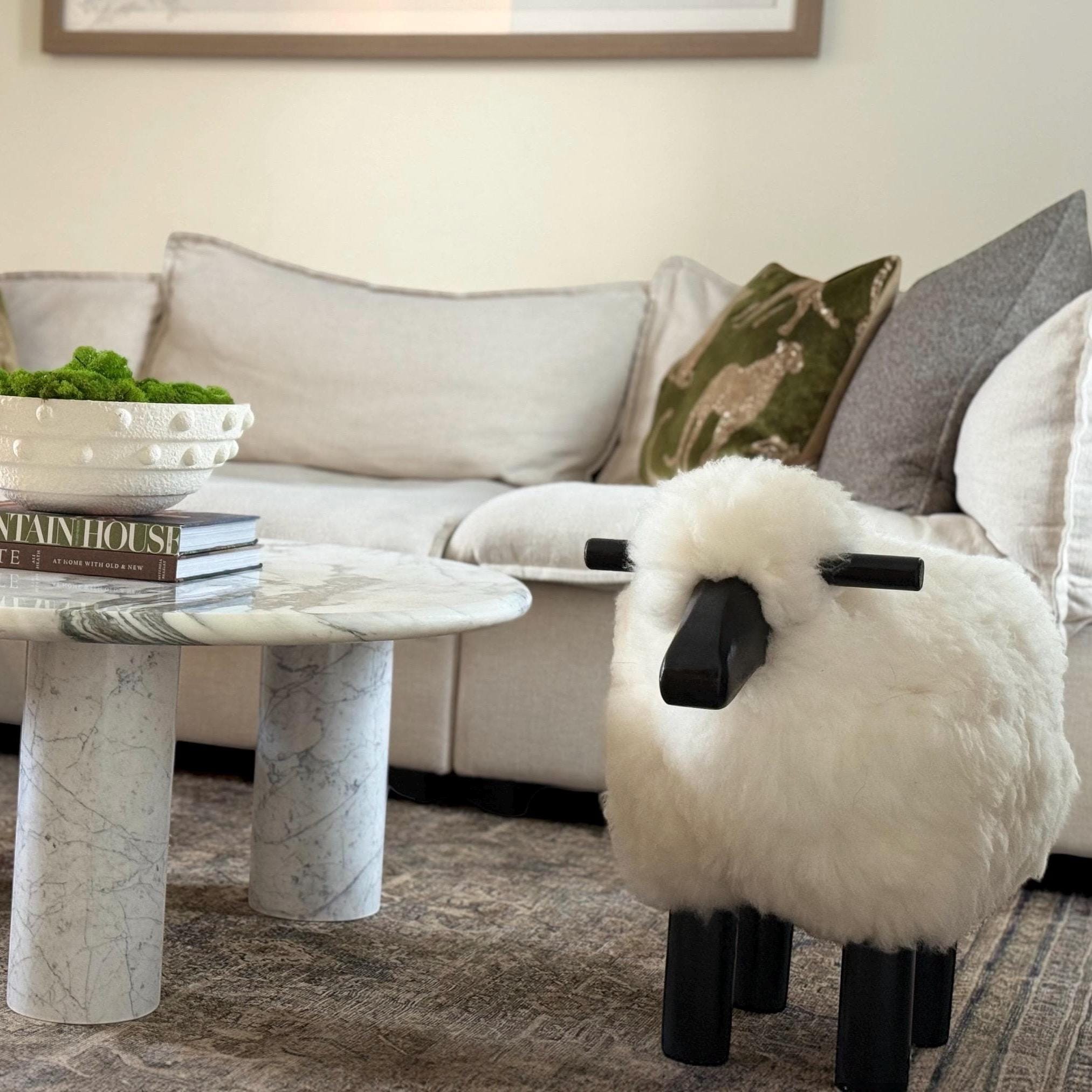 Handmade Sheep Stool: Wooden & Sheepskin Decorative Chair