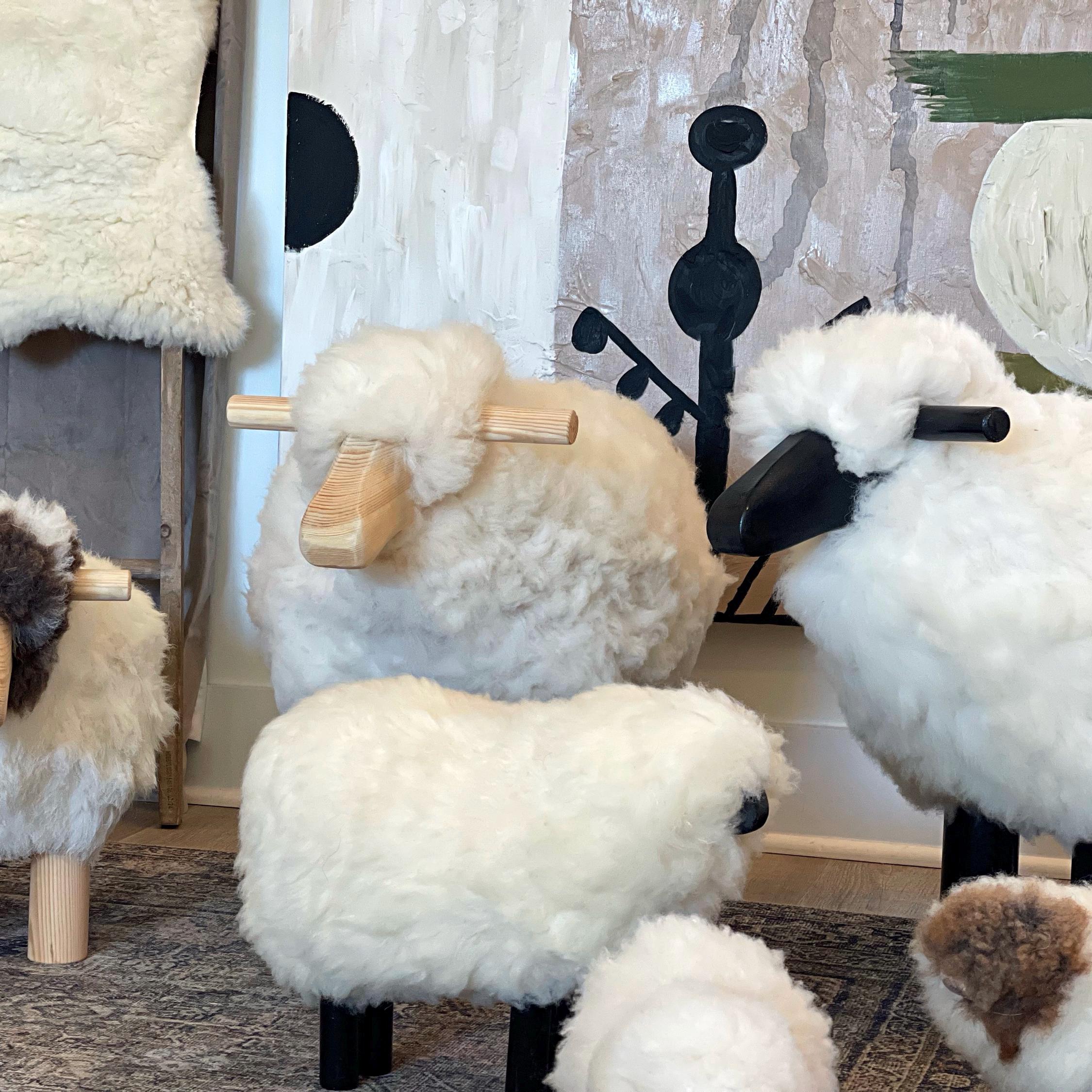 Handmade Sheep Stool: Wooden & Sheepskin Decorative Chair