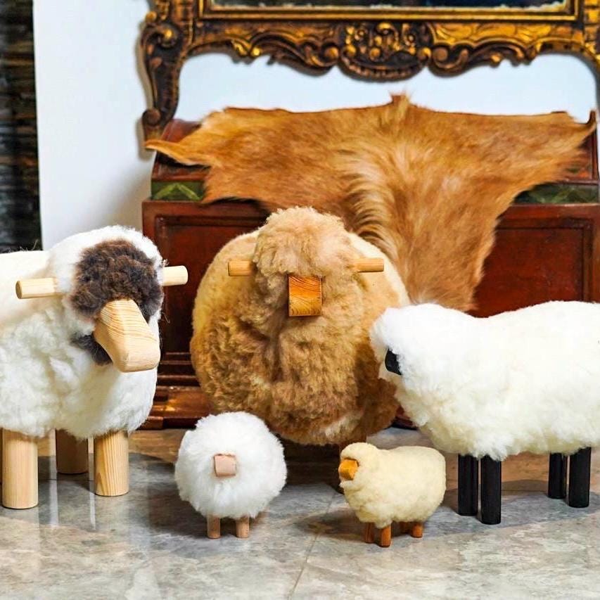 Handmade Sheep Stool: Wooden & Sheepskin Decorative Chair