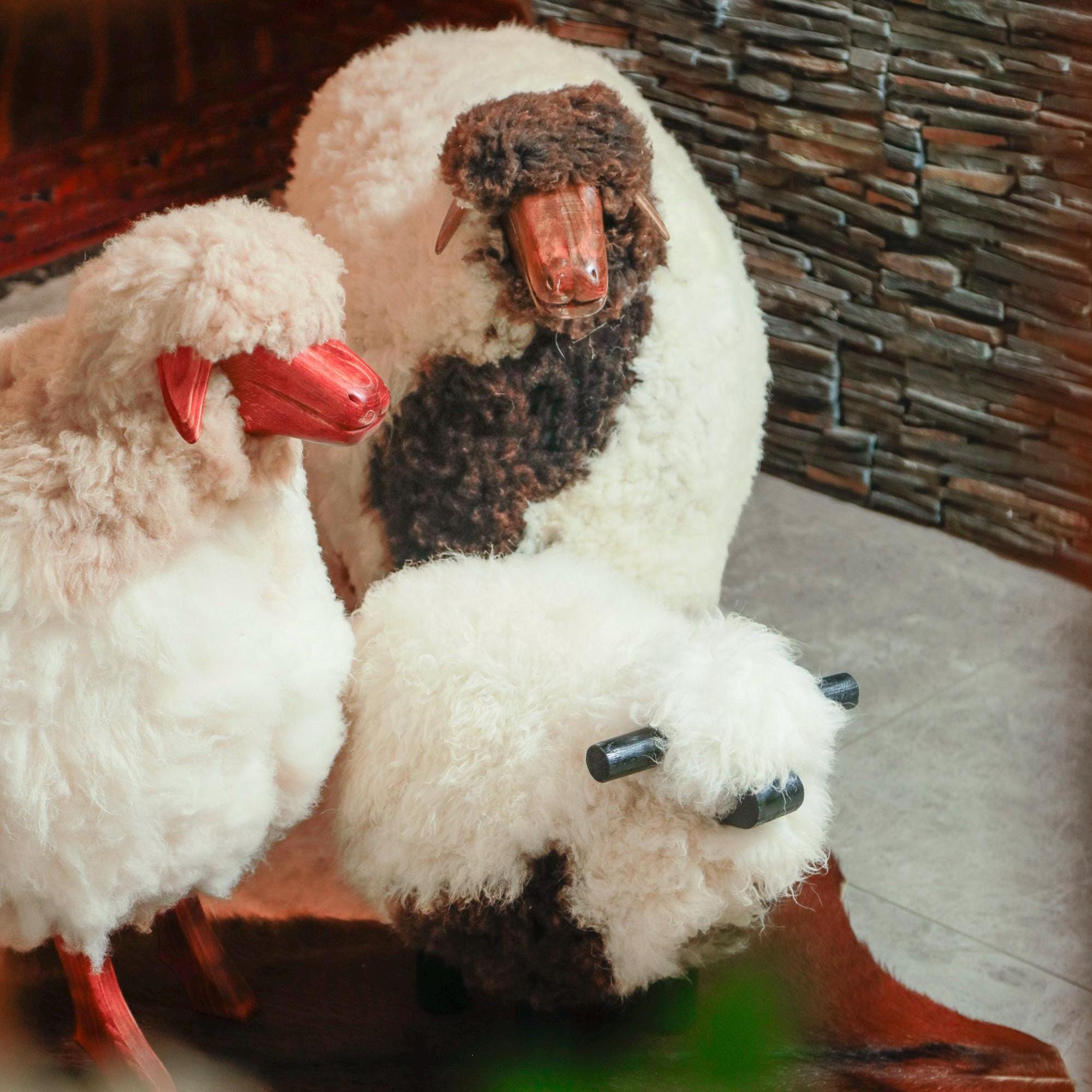 Handmade Sheep Stool: Wooden & Sheepskin Decorative Chair
