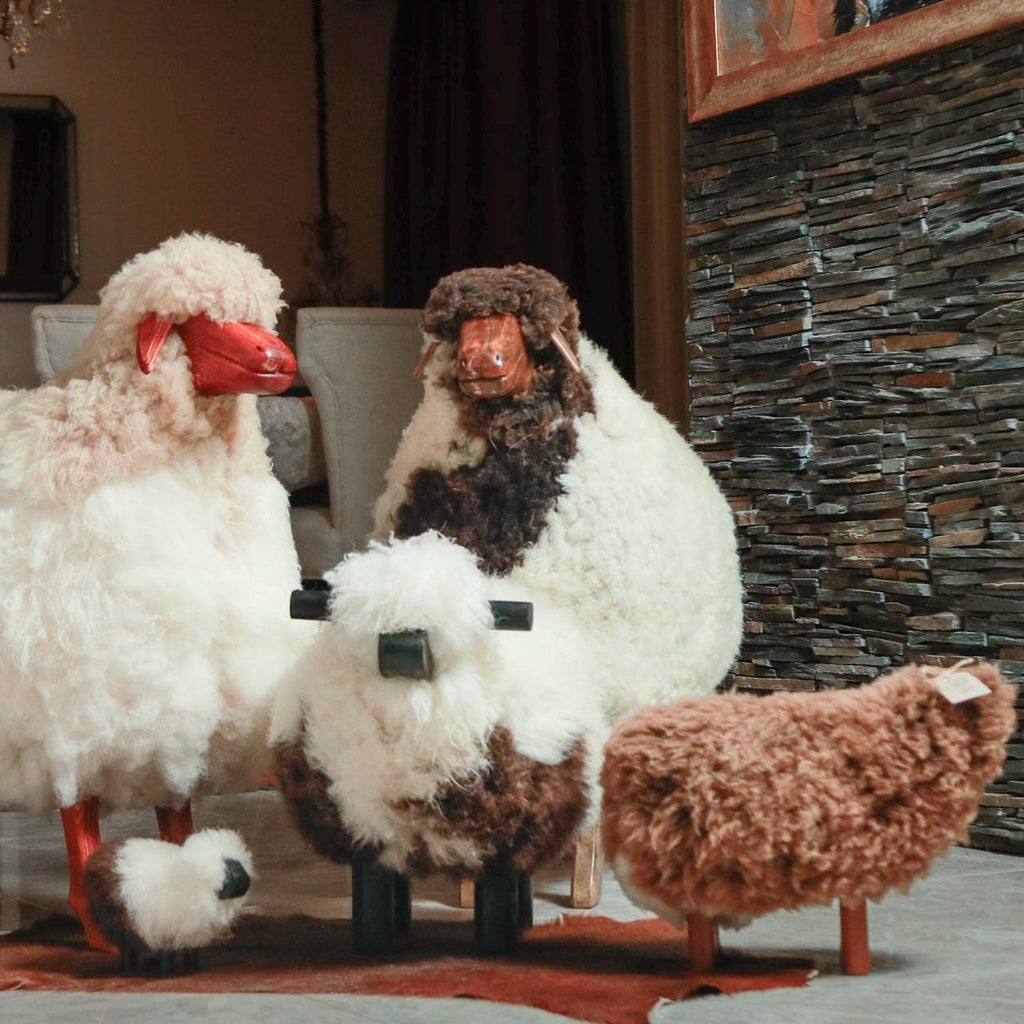 Handmade Sheep Stool: Wooden & Sheepskin Decorative Chair