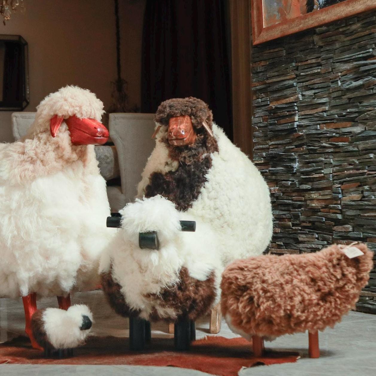 Handmade Sheep Stool: Wooden & Sheepskin Decorative Chair