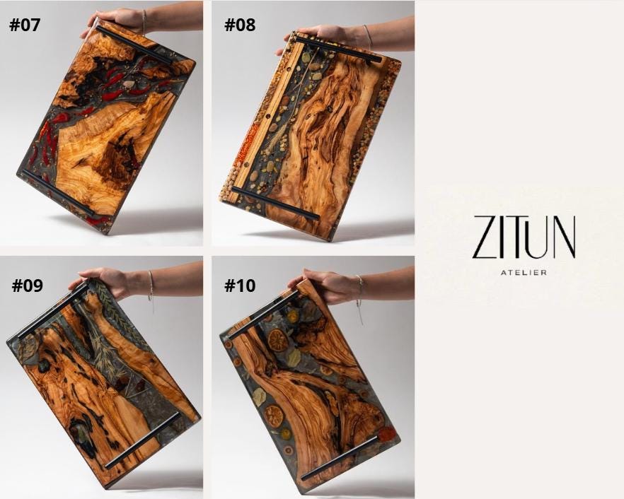 Olive Wood Resin Serving Tray with Iron Handles: Handmade Rustic Decor