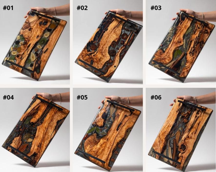 Olive Wood Resin Serving Tray with Iron Handles: Handmade Rustic Decor