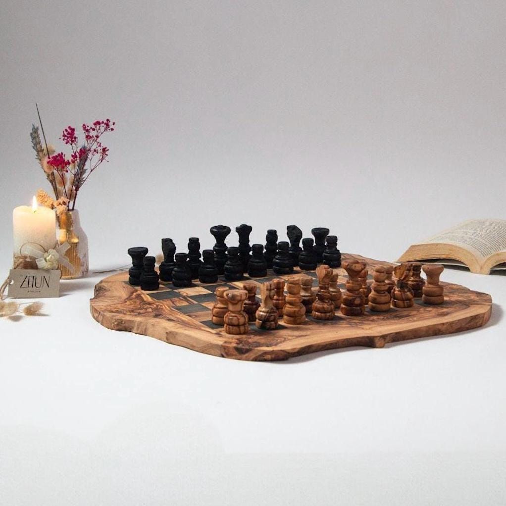 Handcrafted Olive Wood Chess Board - Rustic Natural Game Set - Artisan Gift from Tunisia