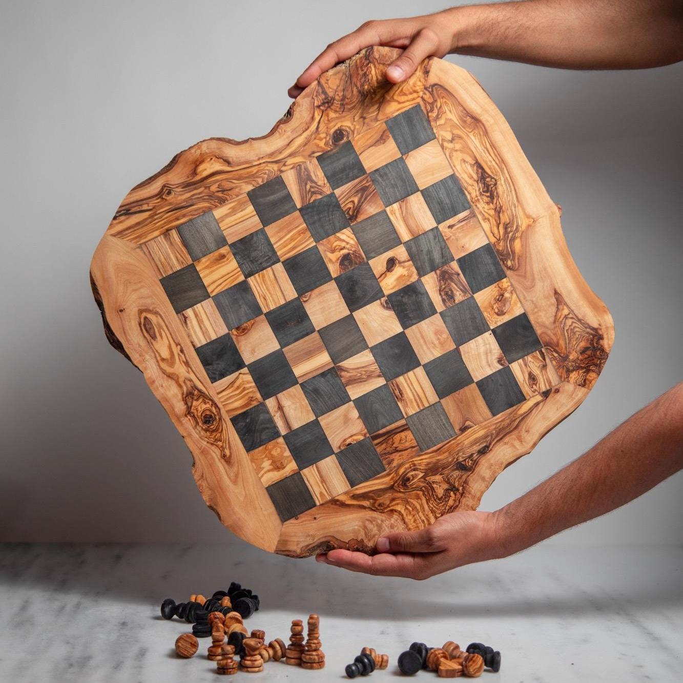 Handcrafted Olive Wood Chess Board - Rustic Natural Game Set - Artisan Gift from Tunisia
