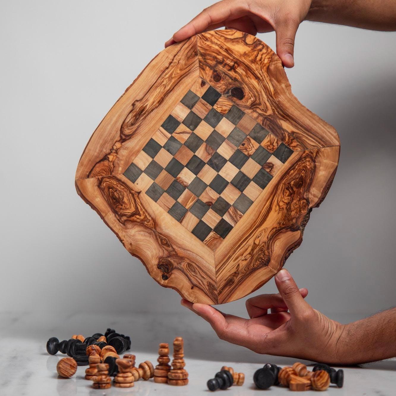Handcrafted Olive Wood Chess Board - Rustic Natural Game Set - Artisan Gift from Tunisia