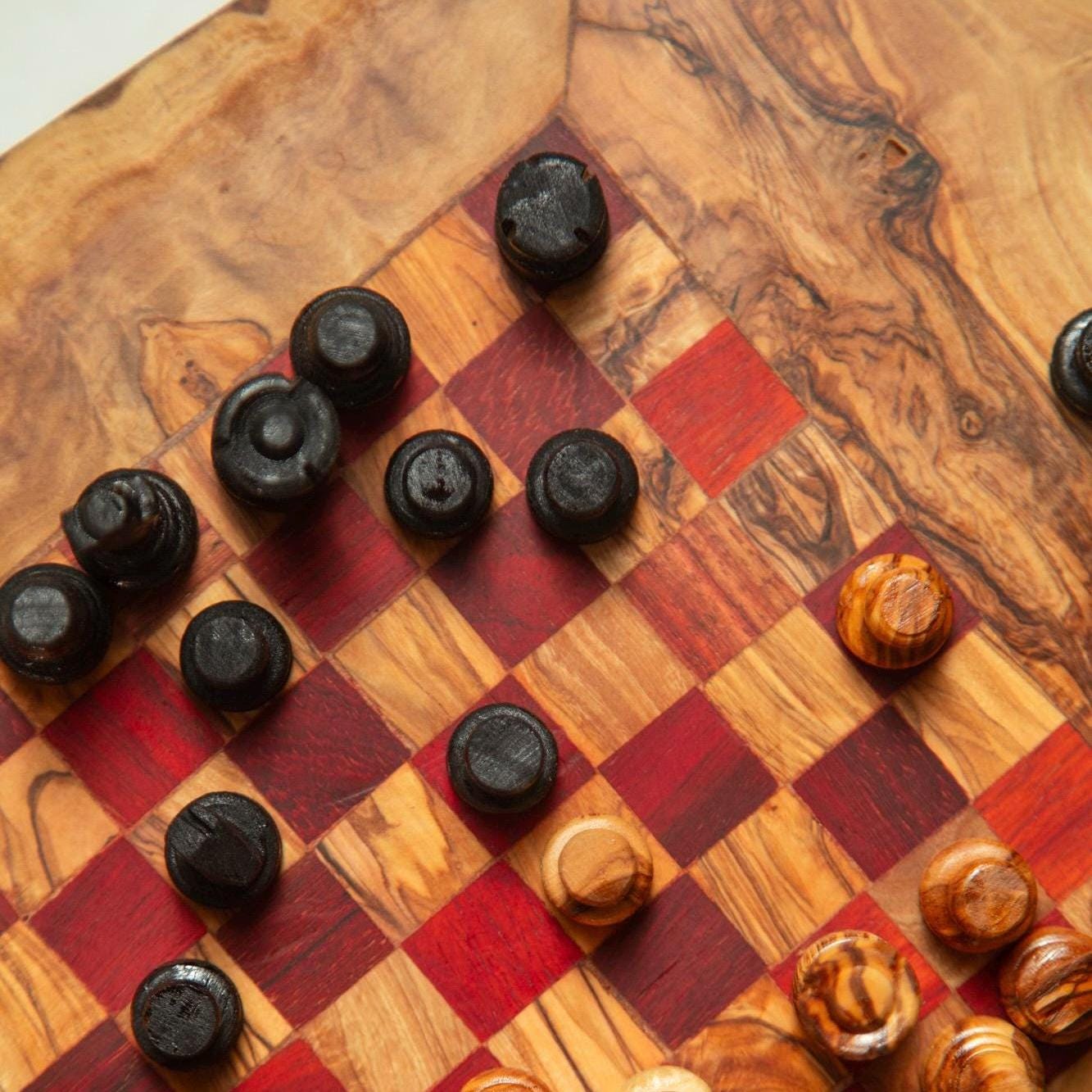 Handcrafted Olive Wood Chess Board - Rustic Natural Game Set - Artisan Gift from Tunisia