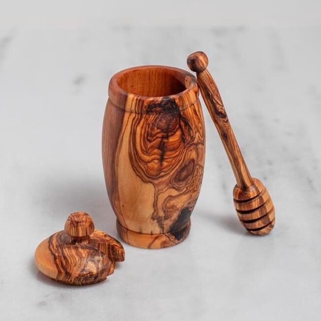 Olive Wood Honey Jar – Handcrafted Artisan Pot for Table and Home