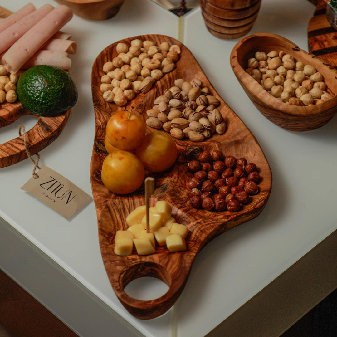 Olive Wood 4 Section Appetizer Tray for Nuts Fruits Snacks Dips Charcuterie | Rustic Handmade Segmented Serving Board for USA Kitchens