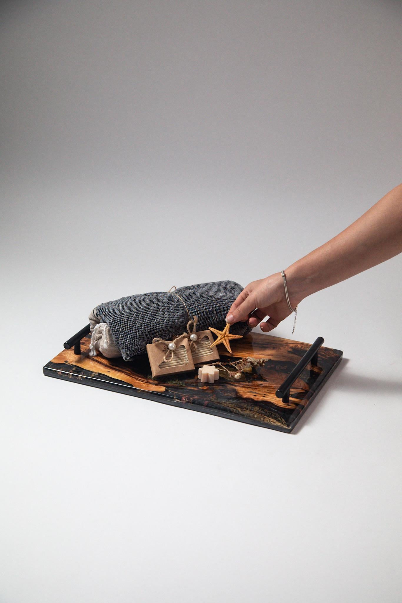 Olive Wood Resin Serving Tray with Iron Handles: Handmade Rustic Decor
