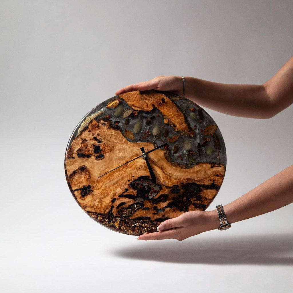 Acrylic Wall Clock – Koa Wood Grain & Epoxy – Handmade Modern Clock – Minimalist Natural Wall Art – Silent Non-Ticking Decor