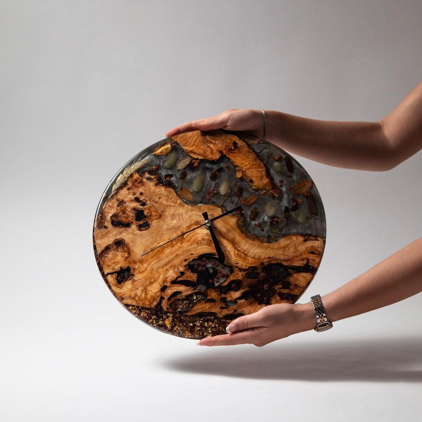 Acrylic Wall Clock – Koa Wood Grain & Epoxy – Handmade Modern Clock – Minimalist Natural Wall Art – Silent Non-Ticking Decor