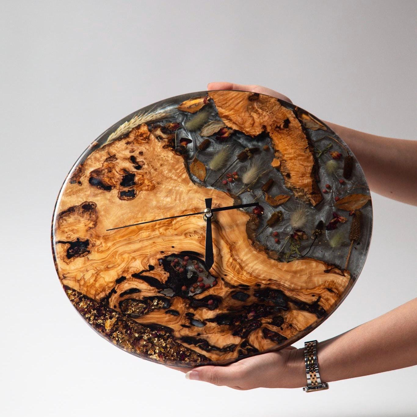 Acrylic Wall Clock – Koa Wood Grain & Epoxy – Handmade Modern Clock – Minimalist Natural Wall Art – Silent Non-Ticking Decor