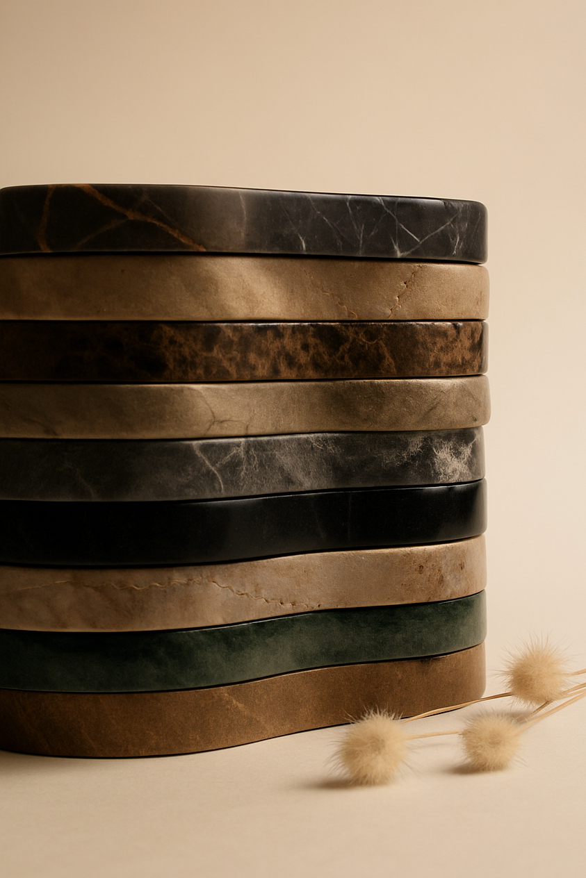 Stack of marble coasters with layered patterns on a beige background