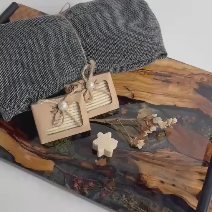 Olive Wood Resin Serving Tray with Iron Handles: Handmade Rustic Decor