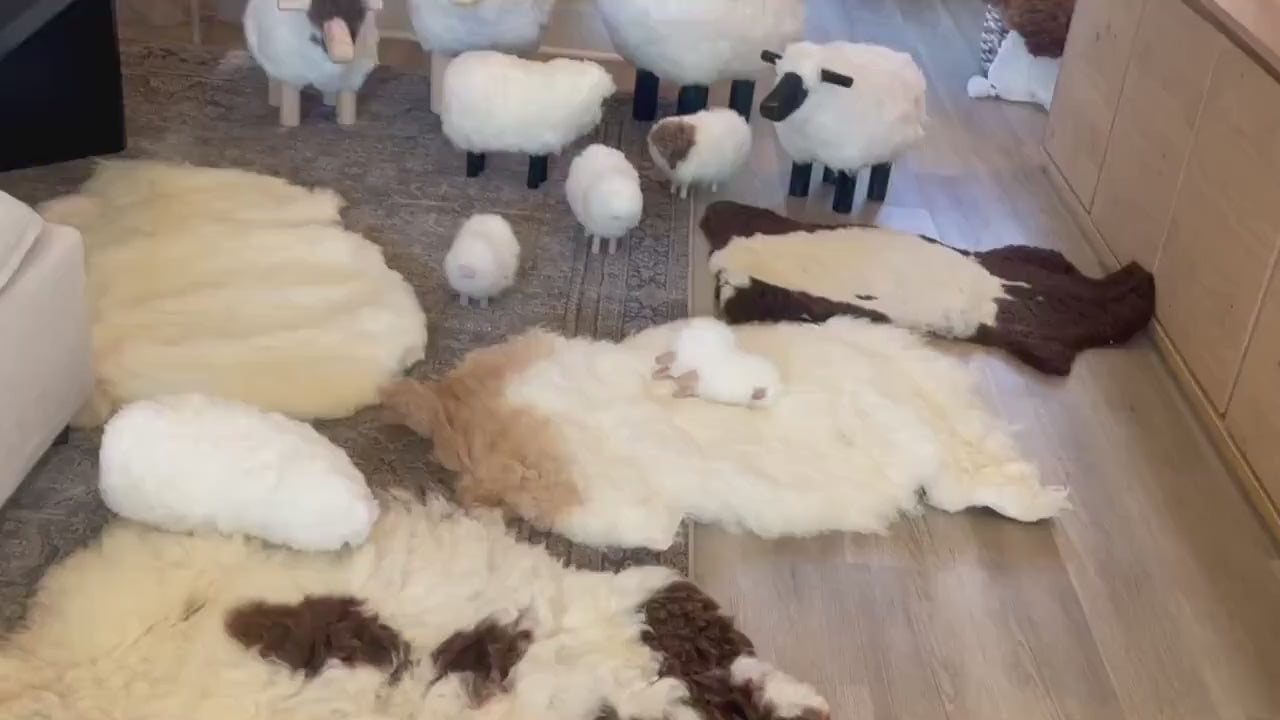 Handmade Sheep Stool: Wooden & Sheepskin Decorative Chair