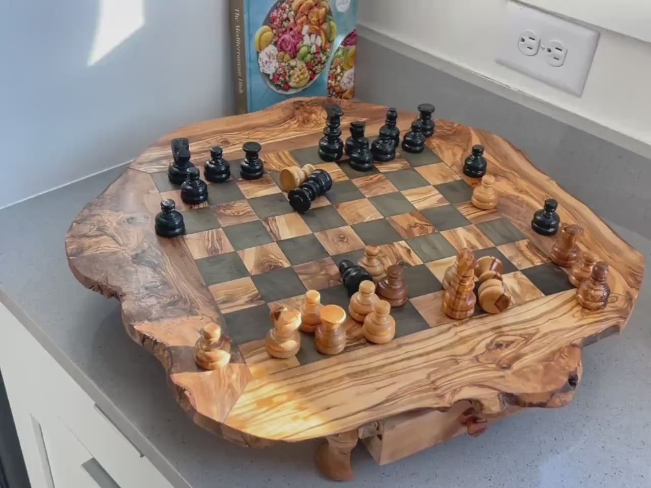 Handmade Olive Wood Chess Set: Rustic Board Game with Storage