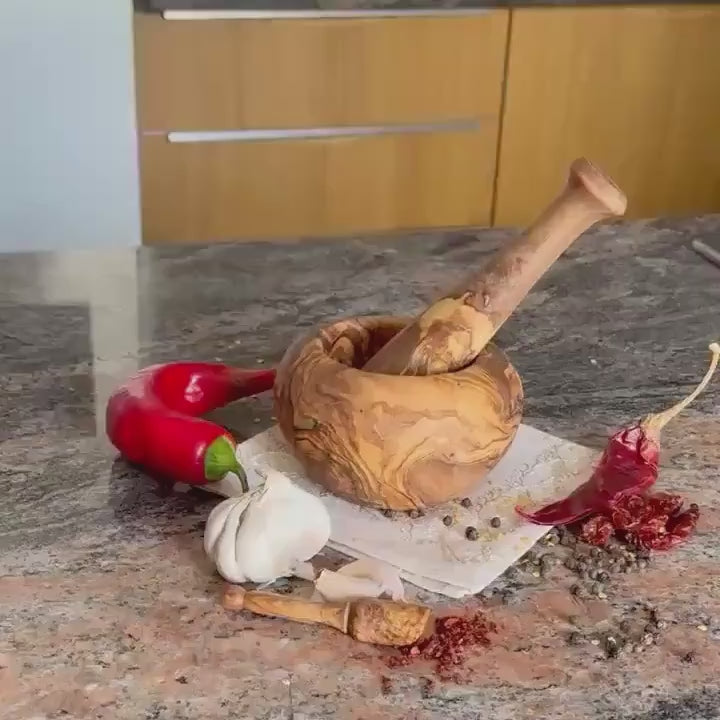 Rustic Olive Wood Mortar and Pestle – Organic Shape – Handmade Spice Grinder Bowl – Tunisian Artisan Kitchen Tool