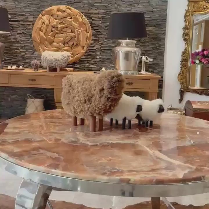Handmade Sheep Figurine: Rustic Wool and Wood Decor