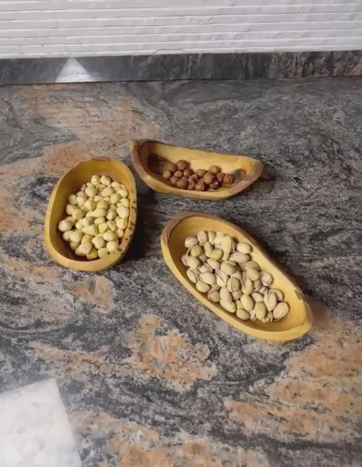 Handmade Olive Wood Nesting Bowls: Rustic Canoe-Shaped Serving Set