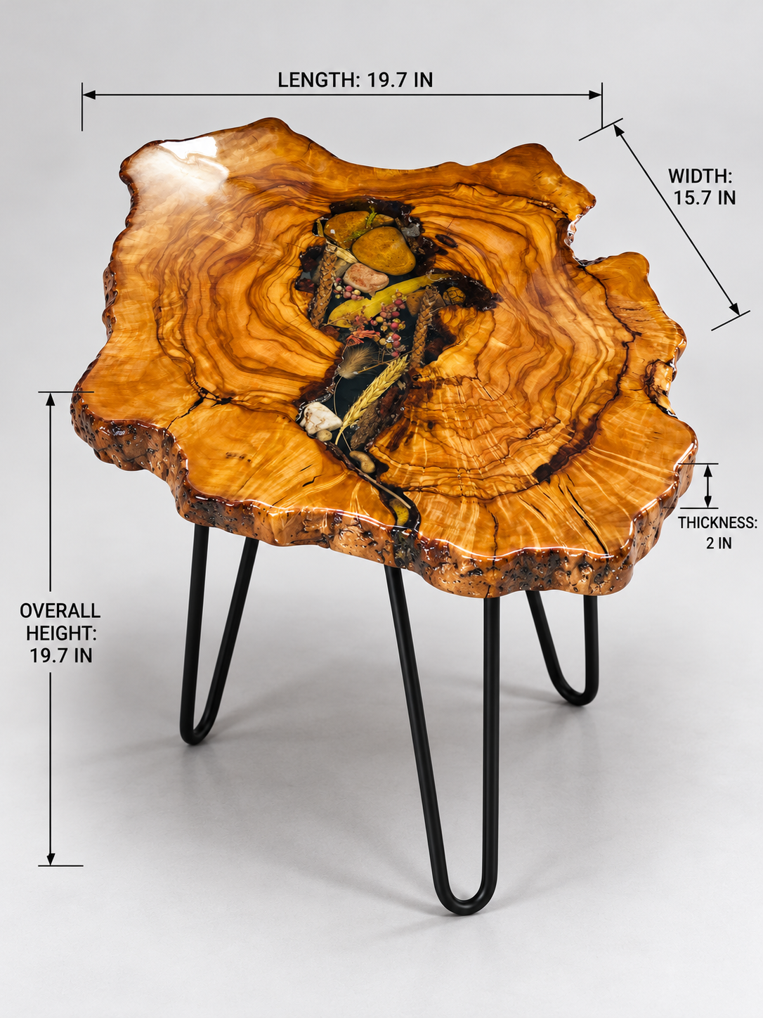AI-styled view of Zitun Atelier table 003, an olive wood resin side table with black resin dried flowers, on a light background with measurement annotations.