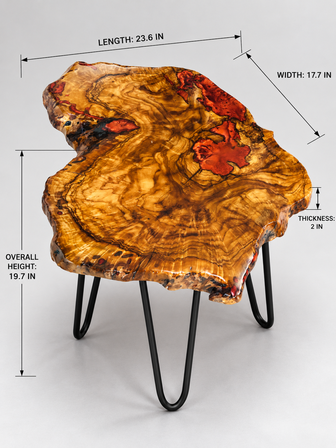 AI-styled view of Zitun Atelier table 005, an olive wood resin side table with red resin burl, on a light background with measurement annotations.