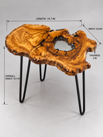 AI-styled view of Zitun Atelier table 006, an olive wood resin side table with white resin center, on a light background with measurement annotations.