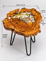 AI-styled view of Zitun Atelier table 007, an olive wood resin side table with white resin dried flowers, on a light background with measurement annotations.