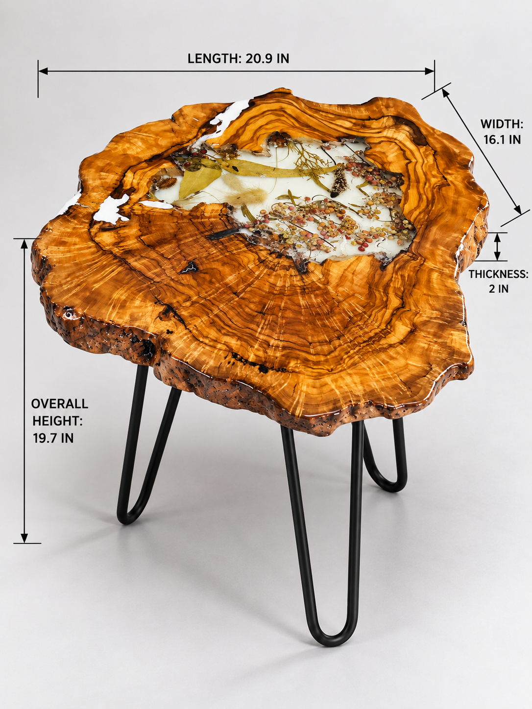 AI-styled view of Zitun Atelier table 007, an olive wood resin side table with white resin dried flowers, on a light background with measurement annotations.
