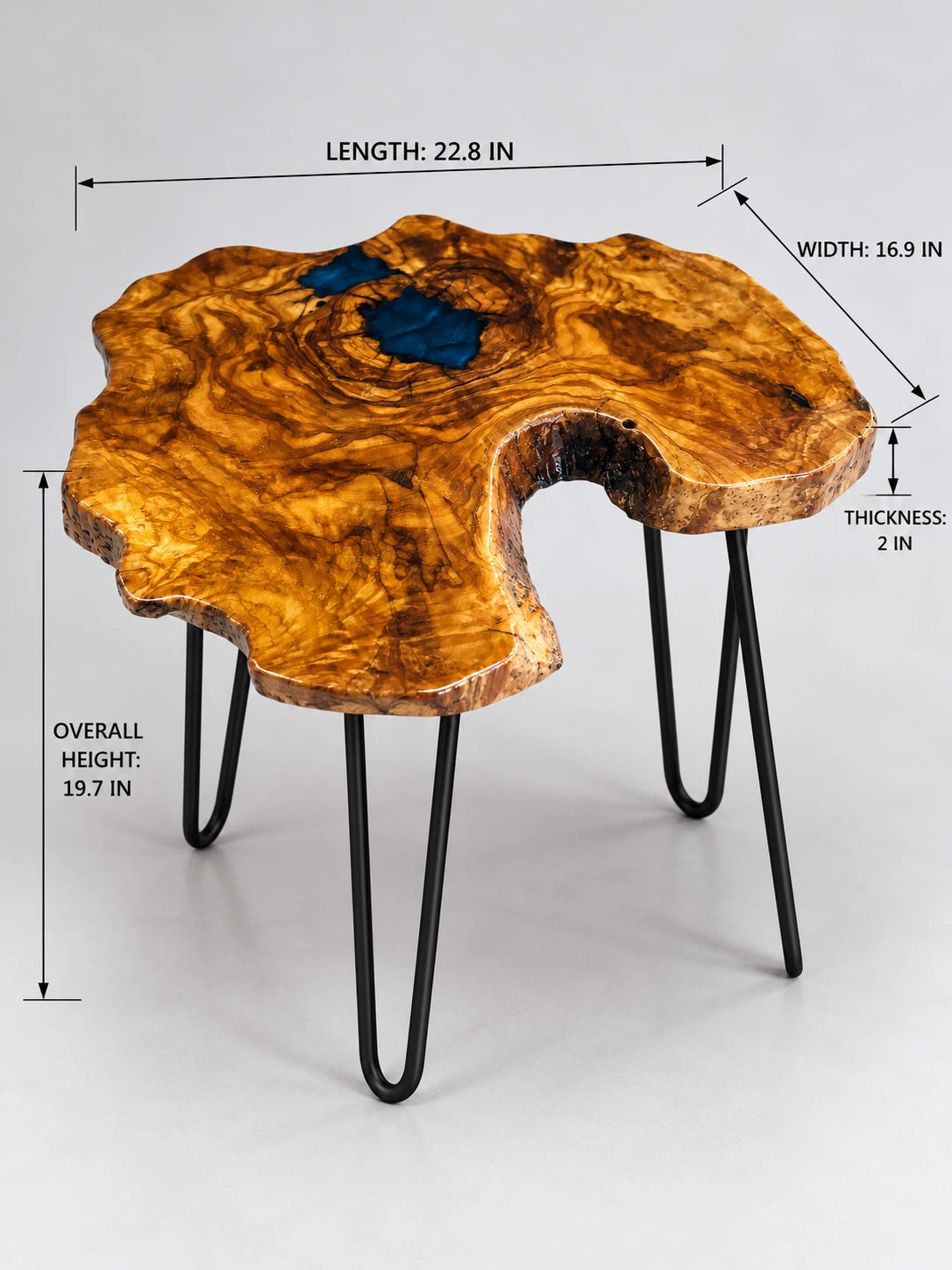 AI-styled view of Zitun Atelier table 008, an olive wood resin side table with dark teal resin burl, on a light background with measurement annotations.