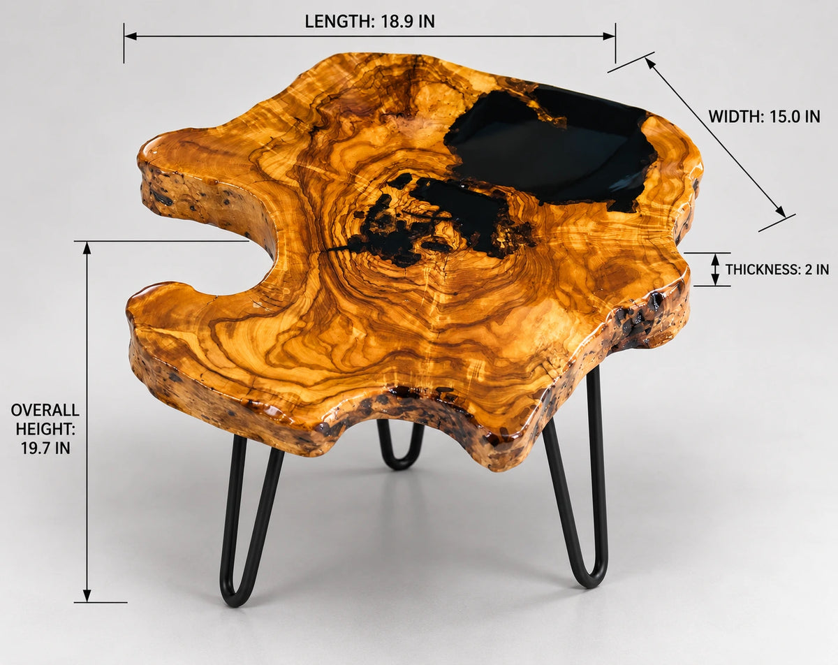 AI-styled view of Zitun Atelier table 009, an olive wood resin side table with black resin pour, on a light background with measurement annotations.