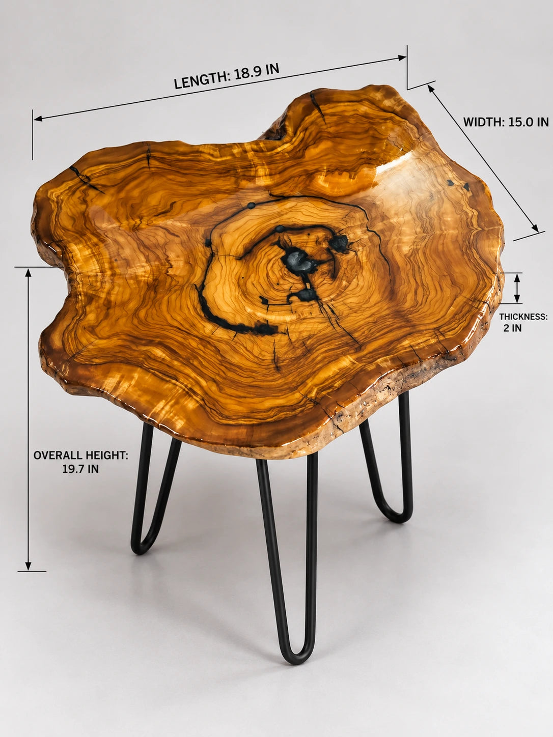 AI-styled view of Zitun Atelier table 010, an olive wood resin side table with black resin ring, on a light background with measurement annotations.