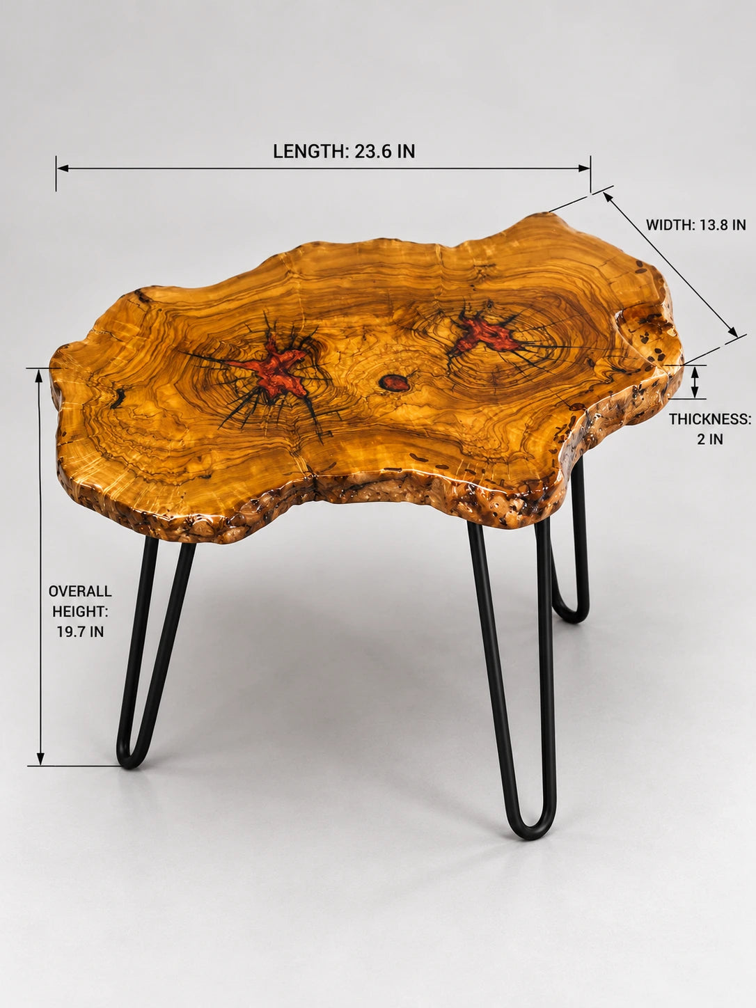 AI-styled view of Zitun Atelier table 011, an olive wood resin side table with red resin accents, on a light background with measurement annotations.