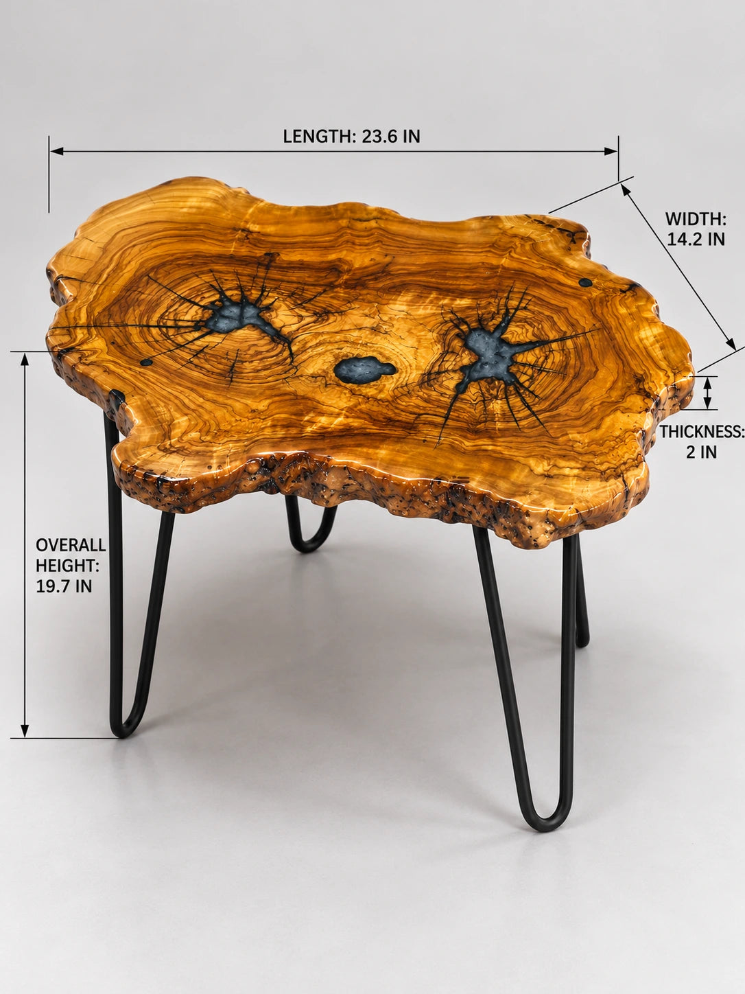 AI-styled view of Zitun Atelier table 013, an olive wood resin side table with teal starburst resin, on a light background with measurement annotations.