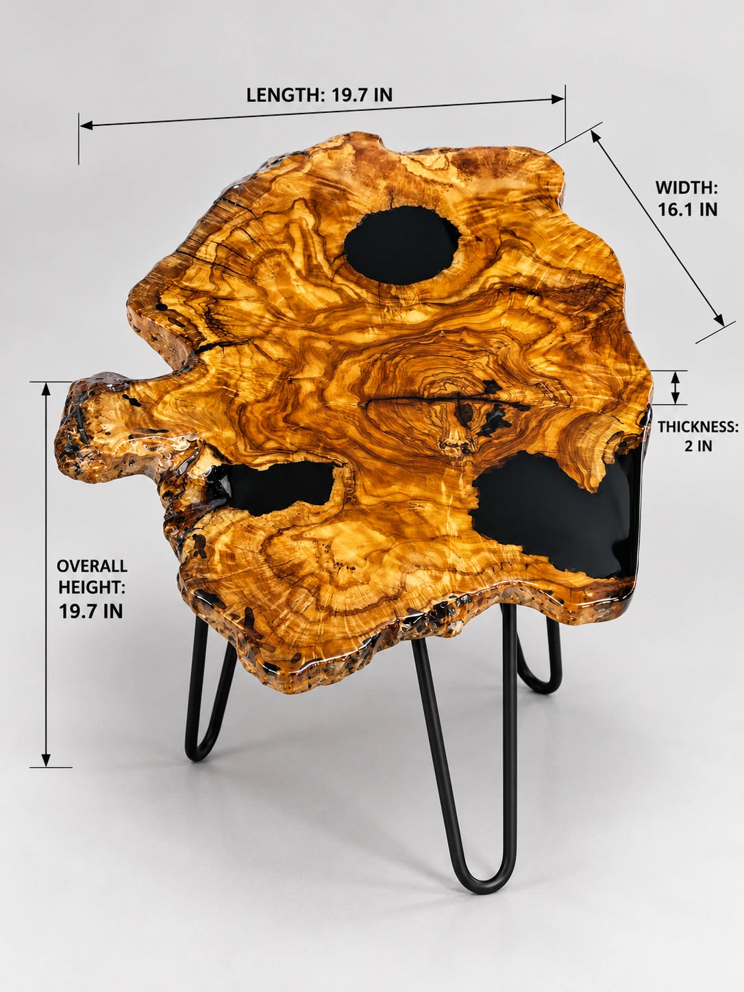 AI-styled view of Zitun Atelier table 014, an olive wood resin side table with black resin holes, on a light background with measurement annotations.
