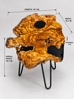 AI-styled view of Zitun Atelier table 014, an olive wood resin side table with black resin holes, on a light background with measurement annotations.