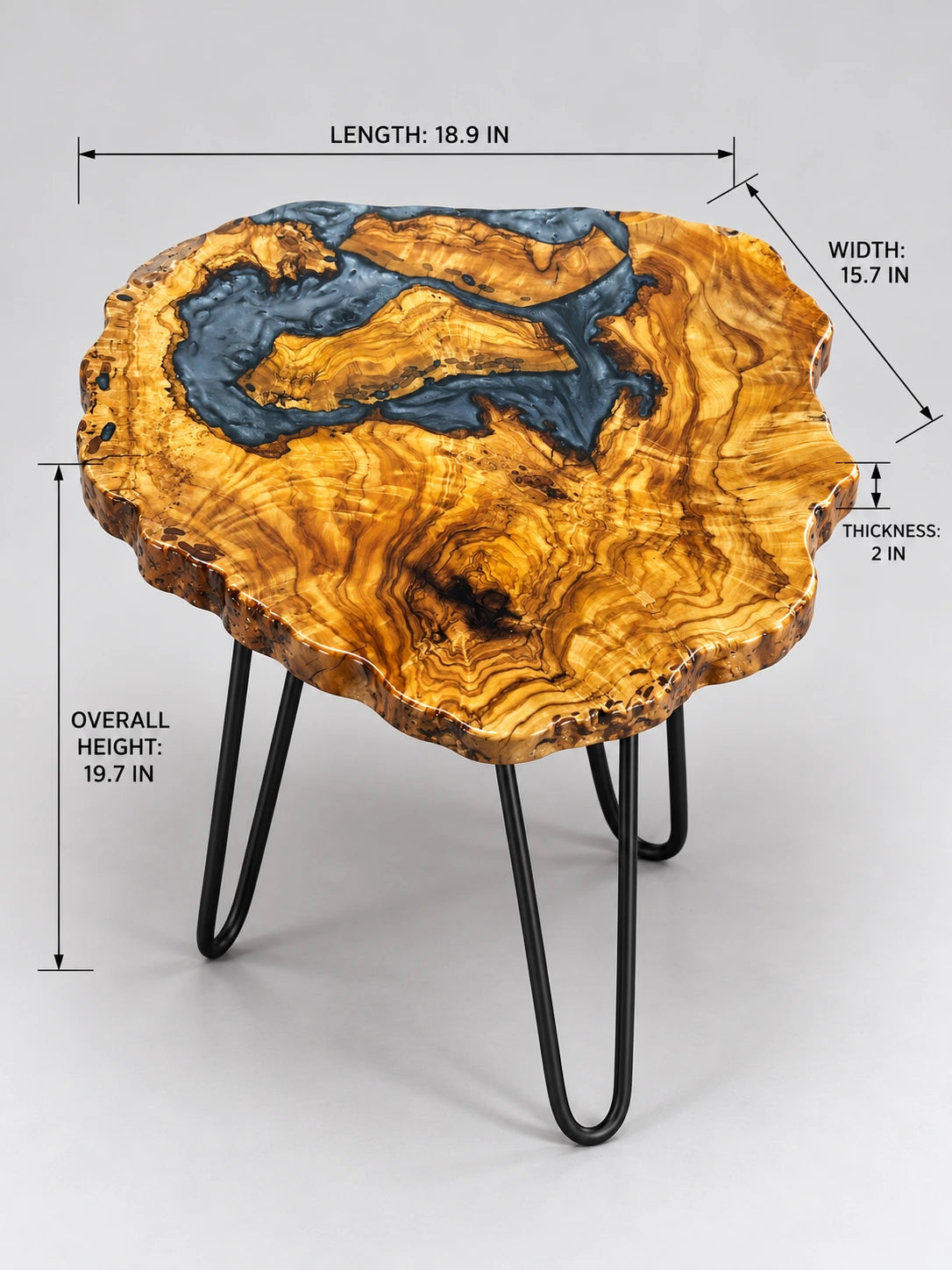 AI-styled view of Zitun Atelier table 015, an olive wood resin side table with blue grey resin river, on a light background with measurement annotations.