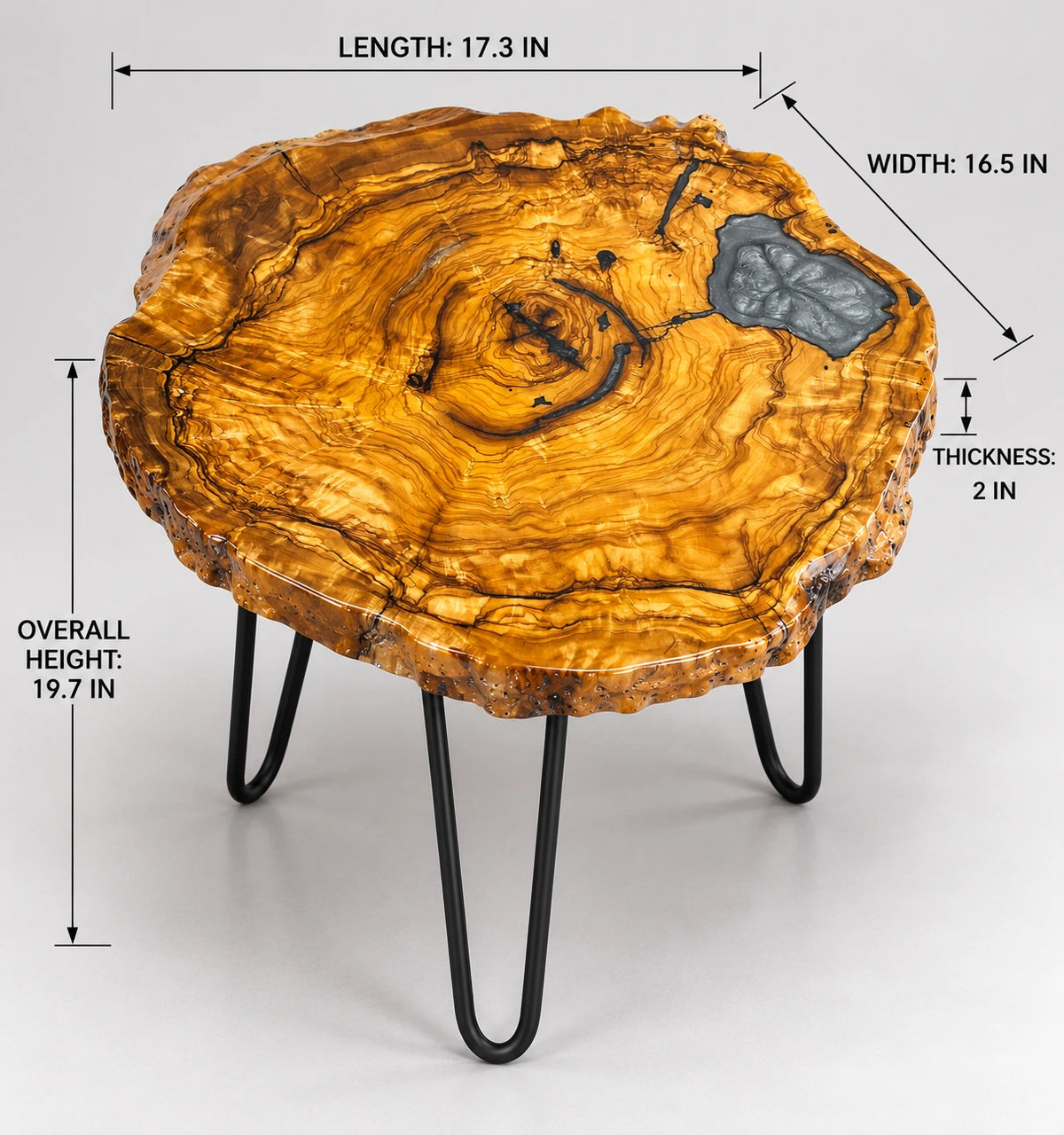 AI-styled view of Zitun Atelier table 016, an olive wood resin side table with grey resin inlay, on a light background with measurement annotations.