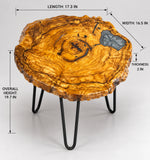 AI-styled view of Zitun Atelier table 016, an olive wood resin side table with grey resin inlay, on a light background with measurement annotations.