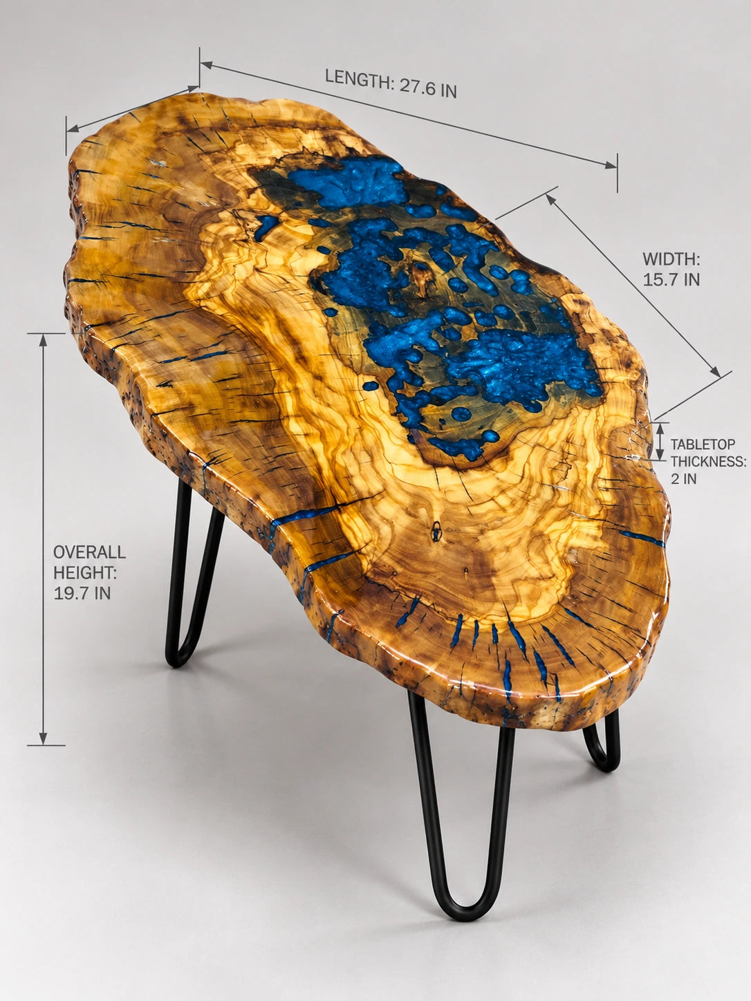 AI-styled view of Zitun Atelier table 017, an olive wood resin small coffee table with blue resin pool, on a light background with measurement annotations.