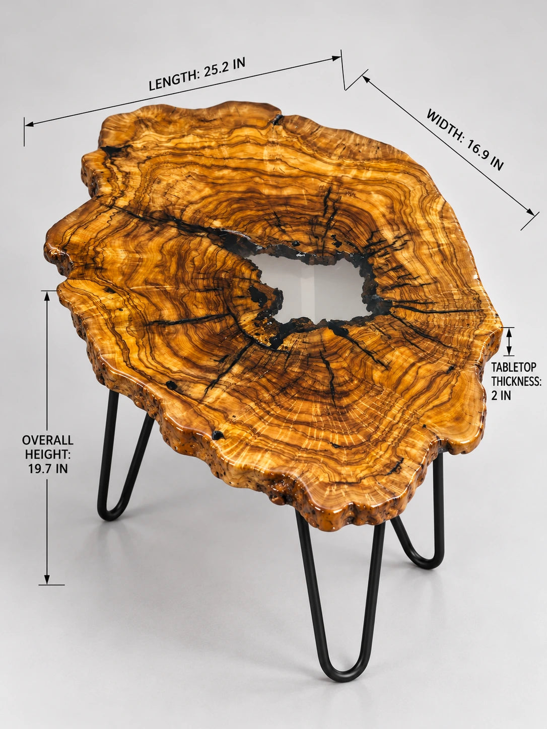AI-styled view of Zitun Atelier table 018, an olive wood resin small coffee table with white resin center, on a light background with measurement annotations.