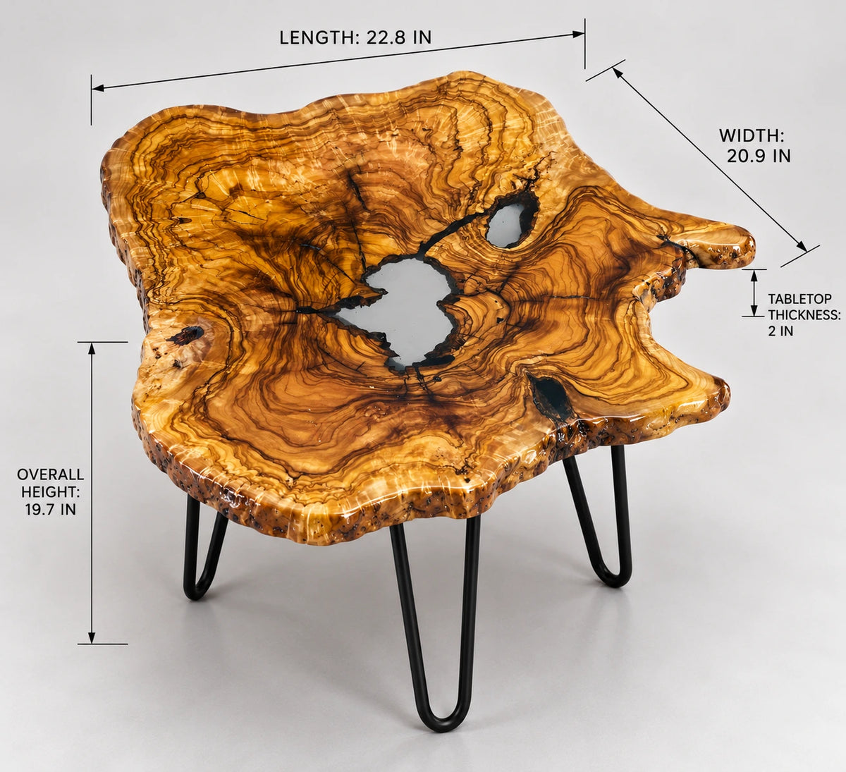 AI-styled view of Zitun Atelier table 019, an olive wood resin side table with white resin center, on a light background with measurement annotations.