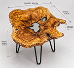 AI-styled view of Zitun Atelier table 019, an olive wood resin side table with white resin center, on a light background with measurement annotations.
