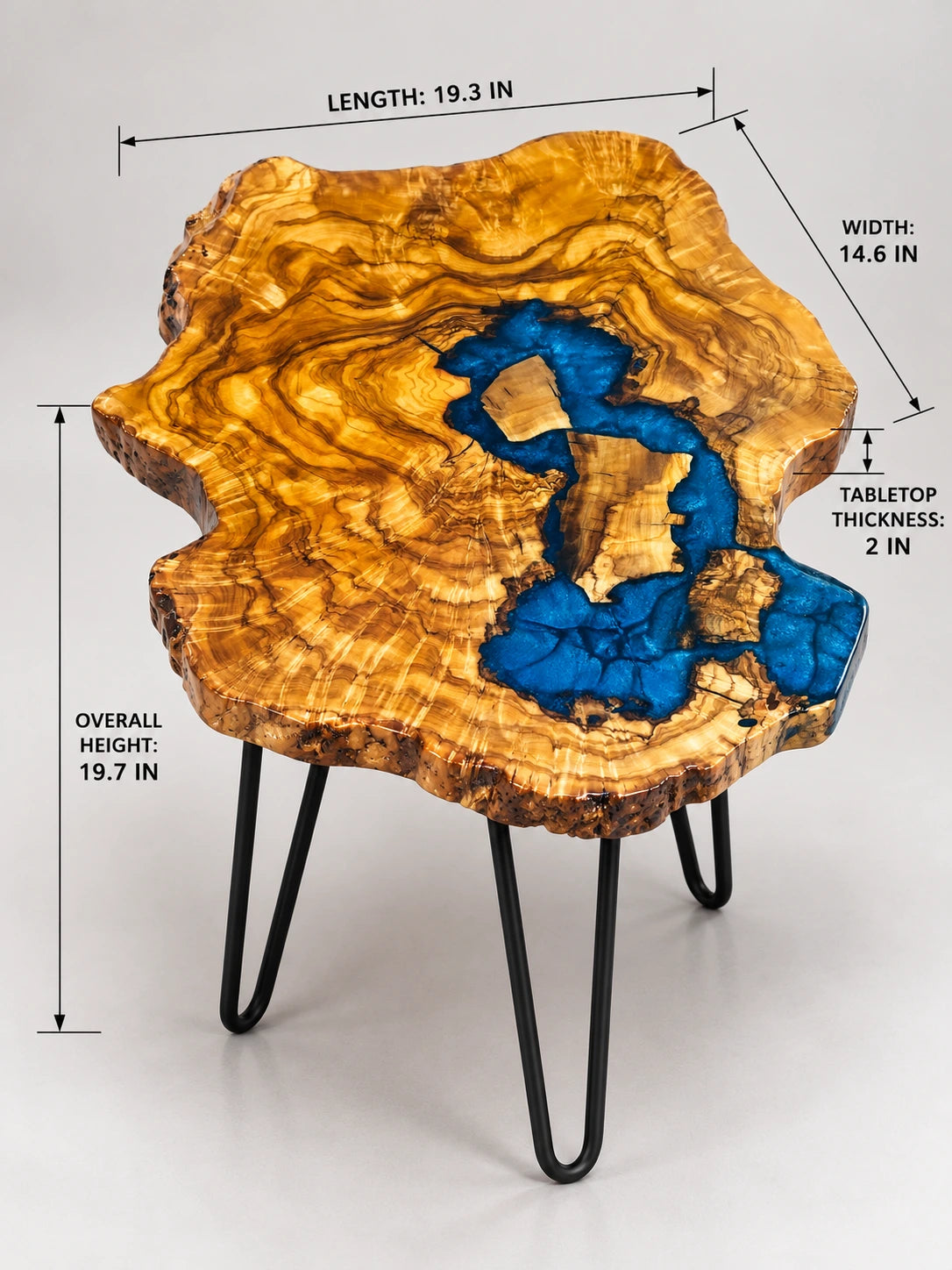 AI-styled view of Zitun Atelier table 020, an olive wood resin side table with electric blue resin river, on a light background with measurement annotations.